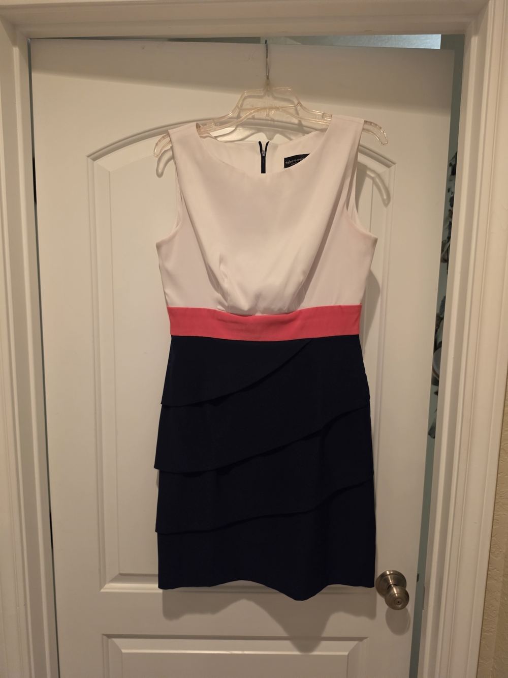 Connected apparel White, Coral and Navy Tiered Sheath Dress